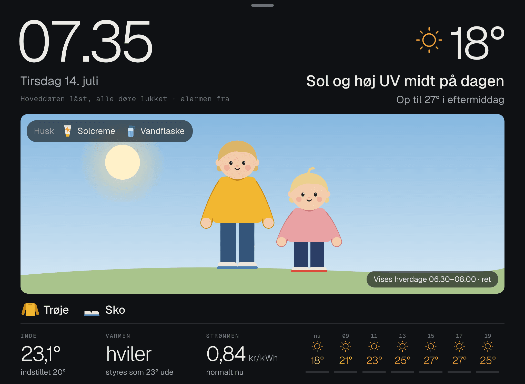 To børn i trøje under en blå sommerhimmel, med solcreme og vandflaske at tage med.