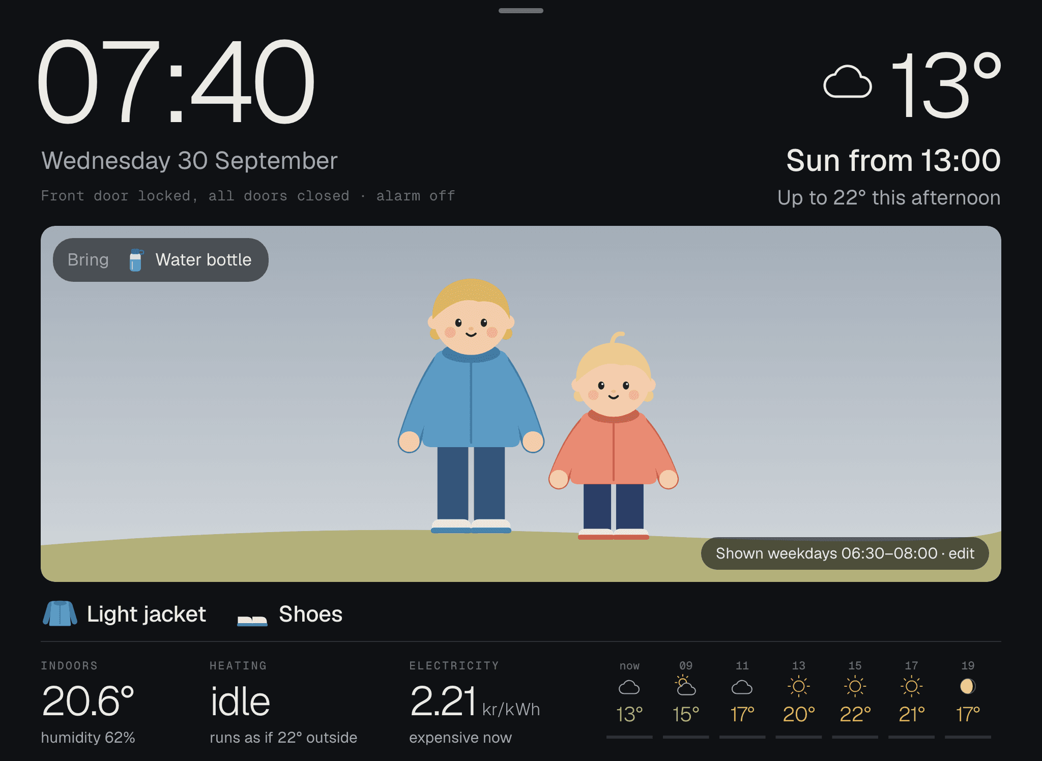 Two kids in light jackets under an overcast September sky, at 7:40.