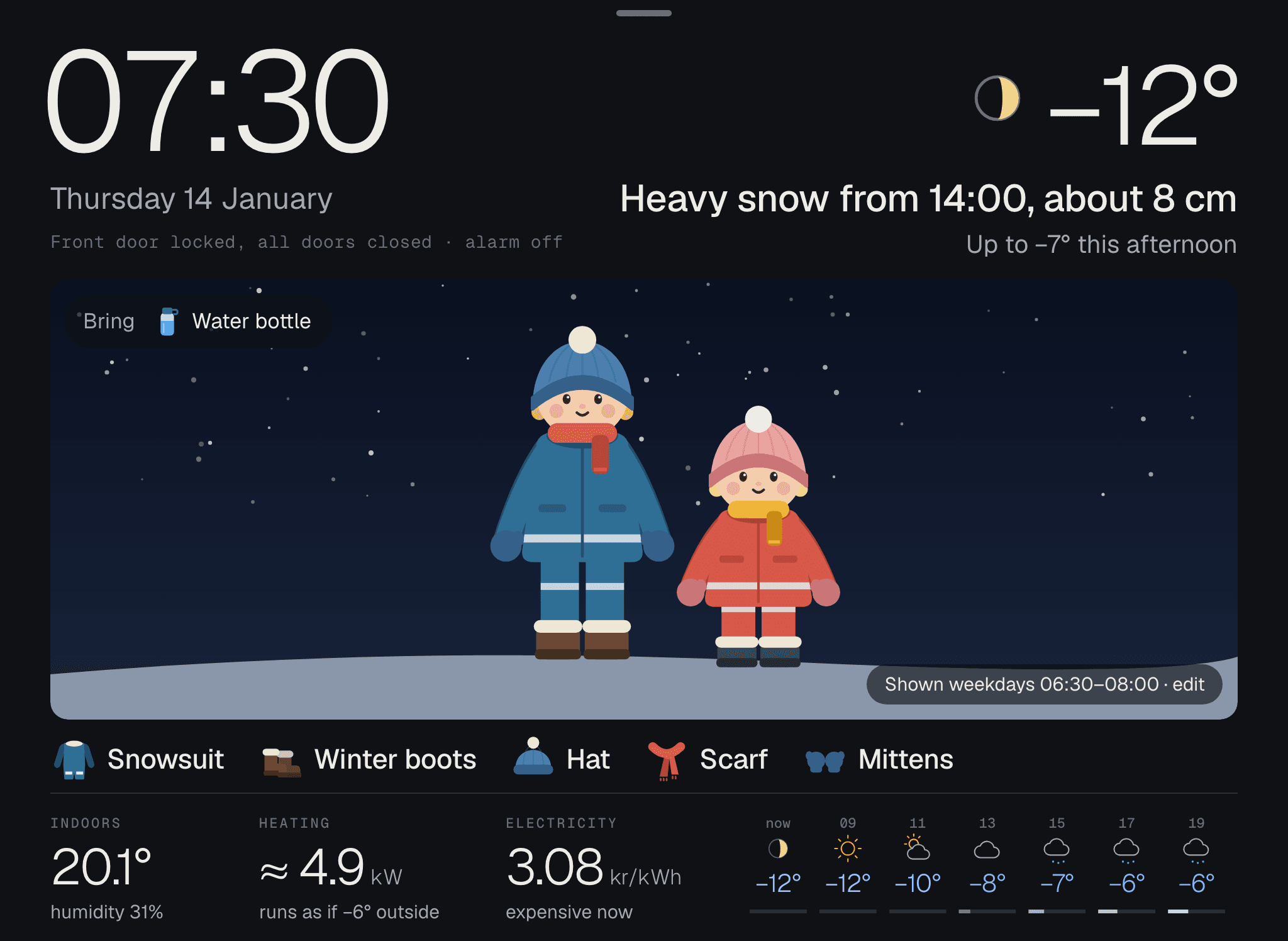 Two kids in snowsuits, hats and scarves in the snow, minus 12 in January.