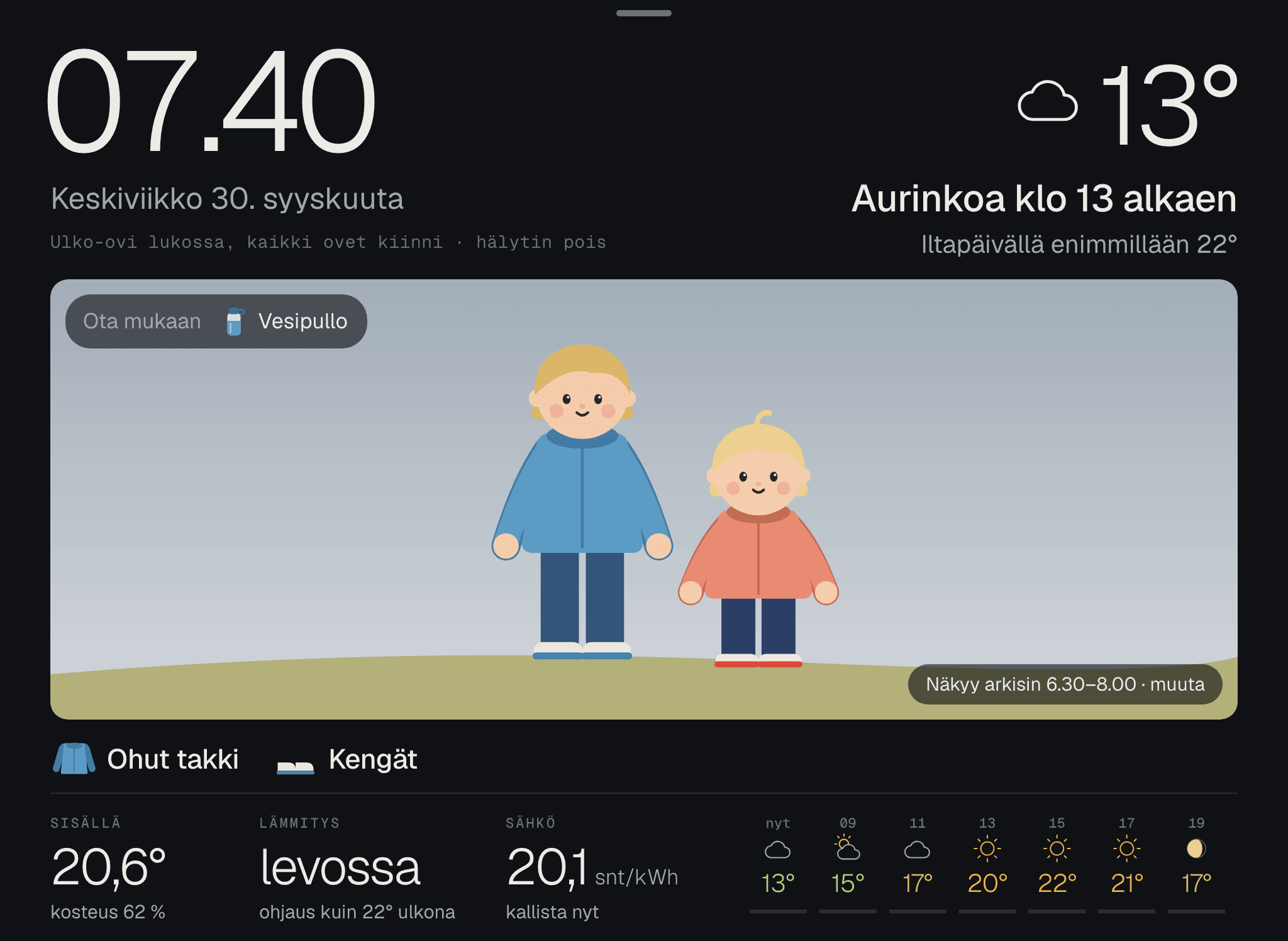 Kaksi lasta ohuissa takeissa harmaan syyskuun taivaan alla, kello 7.40.