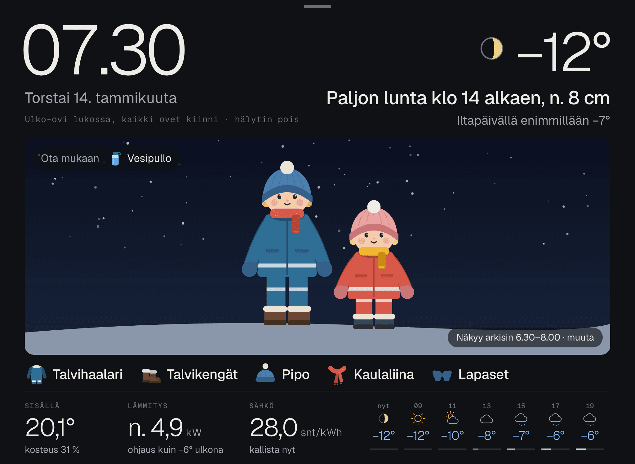 Kaksi lasta talvihaalareissa, pipoissa ja kaulahuiveissa lumessa, tammikuussa kaksitoista astetta pakkasta.