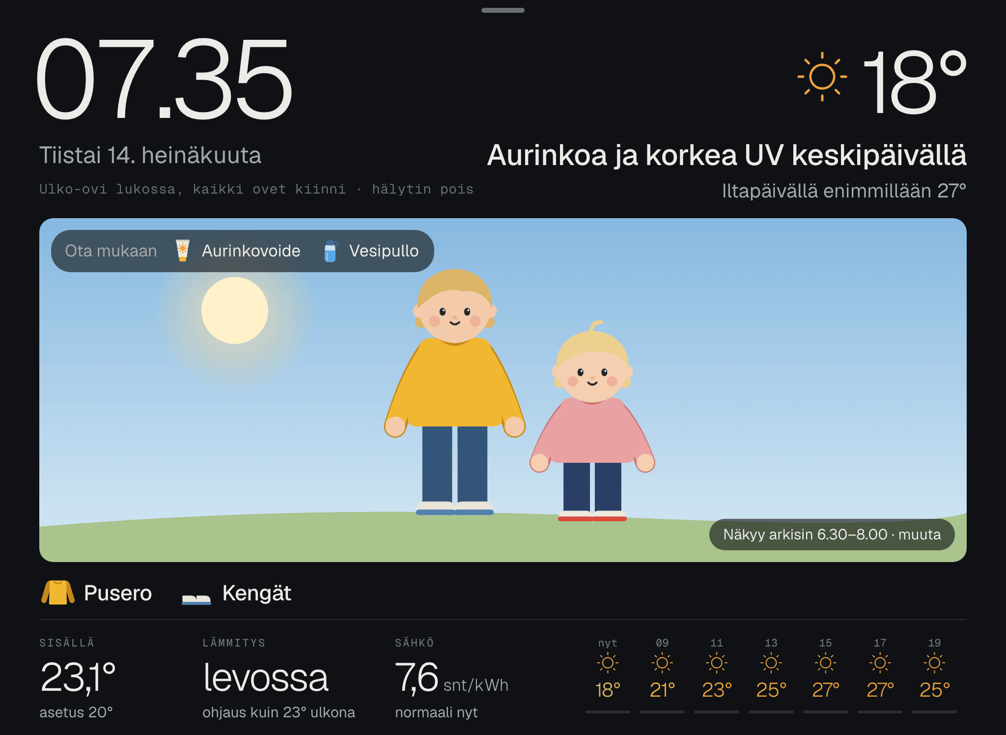 Kaksi lasta paidoissa sinisen kesätaivaan alla, mukaan aurinkorasva ja vesipullo.