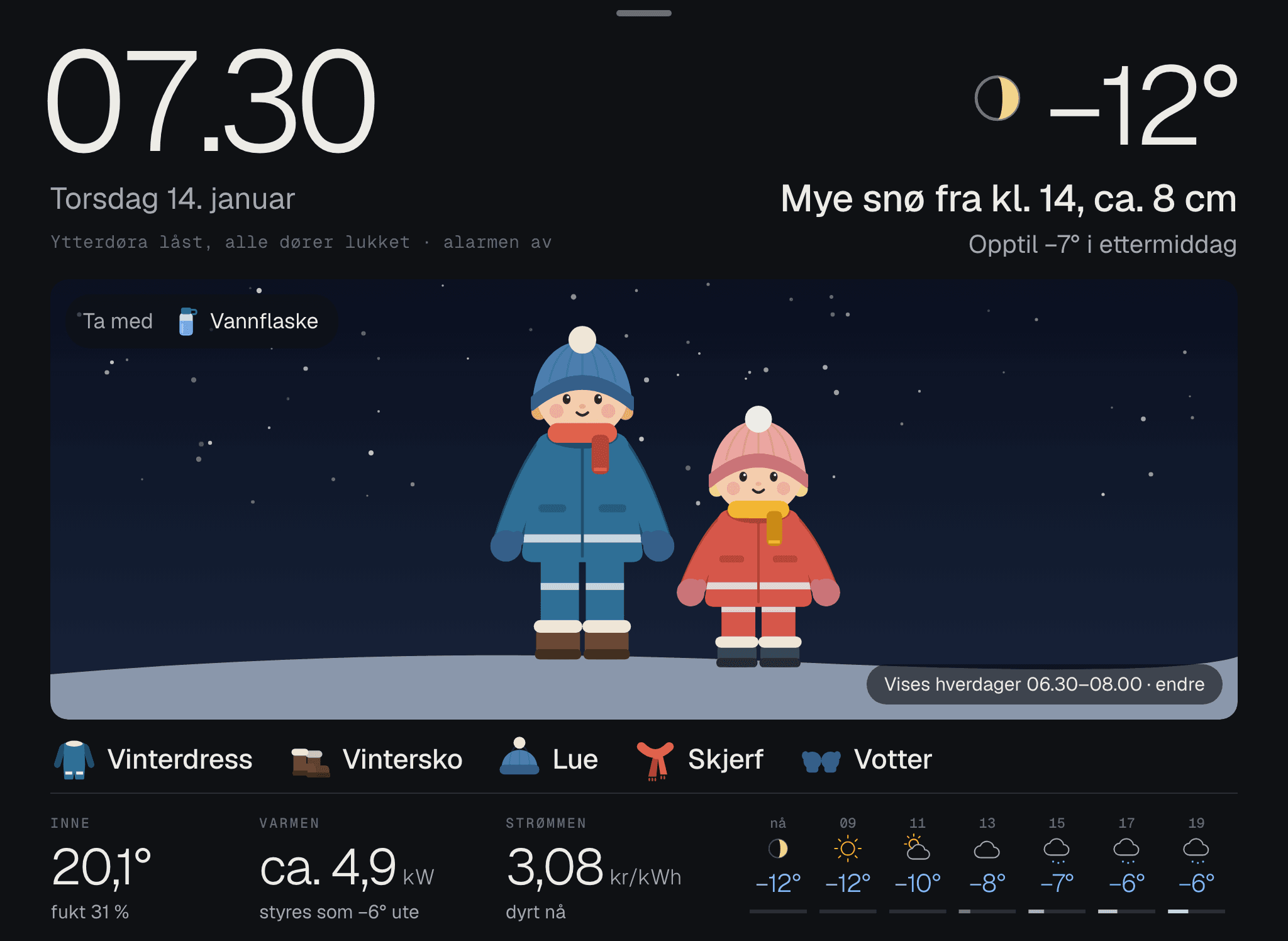 To barn i vinterdress, lue og skjerf i snøen, tolv minus i januar.