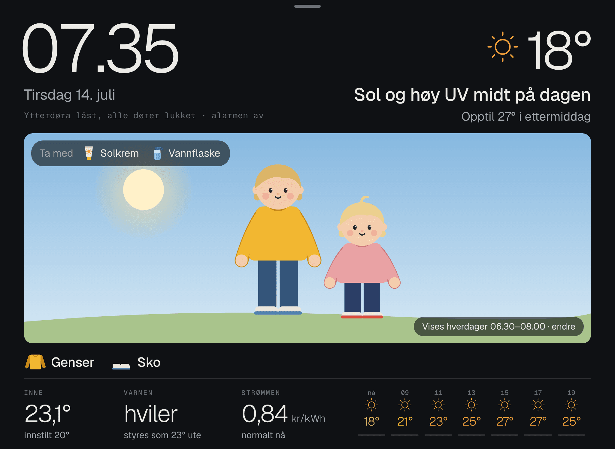 To barn i genser under en blå sommerhimmel, med solkrem og vannflaske å ta med.